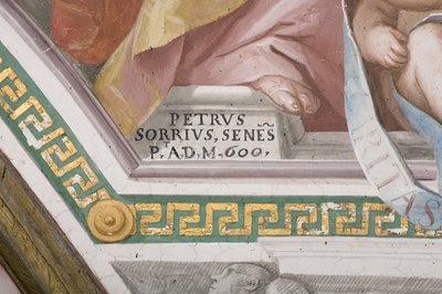 Handtekening van de kunstenaar, De Kroning van de Maagd Maria (fresco) (detail) door Pietro Sorri