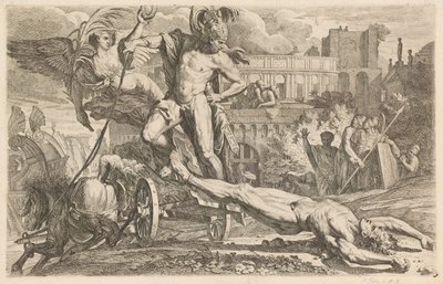 Achilles sleept het lichaam van Hector rond de muren van Troje door Pietro Testa