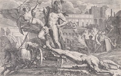 Achilles sleept het lichaam van Hector rond de muren van Troje, 1648-50 door Pietro Testa