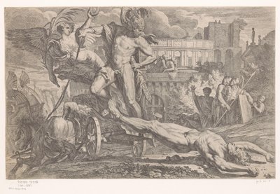 Achilles met lijk van Hector achter zijn zegewagen door Pietro Testa