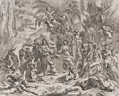 Een allegorie van schilderkunst, een kind in het midden links tekent op een tablet, omringd, 1637-38 door Pietro Testa