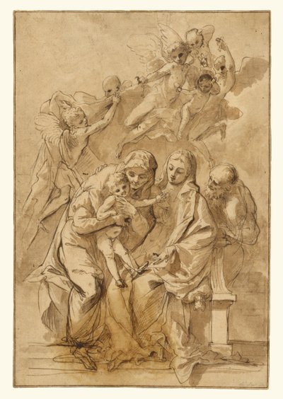 Heilige Familie mit der heiligen Anna (recto); Figurenskizzen (verso) door Pietro Testa