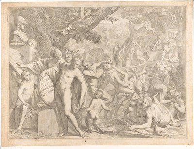 Jongeman met buste van Minerva en dansende saters door Pietro Testa