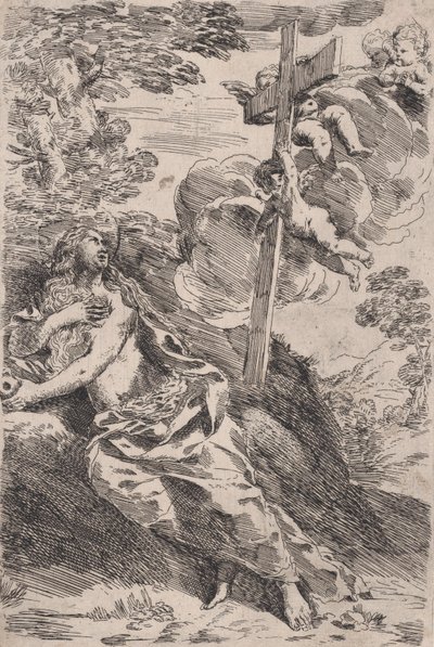 Maria Magdalena in de Woestijn, een Kruis Gedragen door Engelen aan de Rechterkant door Pietro Testa