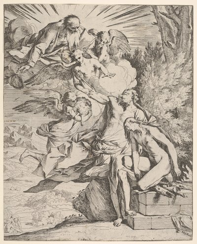 Offer van Isaac: een engel drukt tegen de dolkdragende arm van Abraham, ca. 1645-50 door Pietro Testa