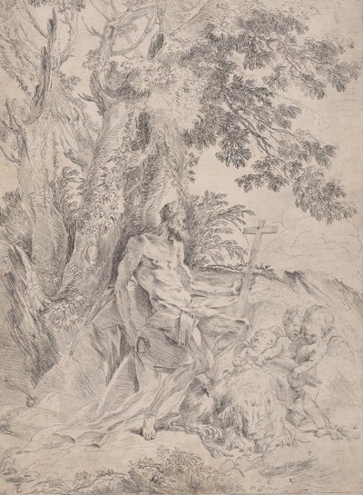 Sint Hiëronymus voor een Kruisbeeld met een Leeuw en Drie Putti door Pietro Testa