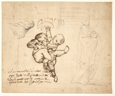 Studie voor twee spelende putti, bladeren en een gedrapeerd figuur met een urn door Pietro Testa