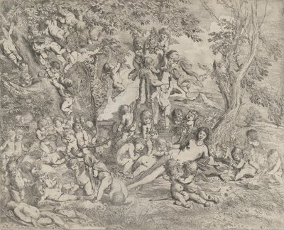 De tuin van Venus die in het midden ligt voor een herm van Pan en omringd..., ca. 1631-37 door Pietro Testa