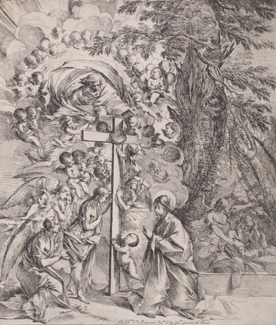 De droom van St. Joseph, die rechts slaapt, de Maagd en het Kind bij een kruis door Pietro Testa