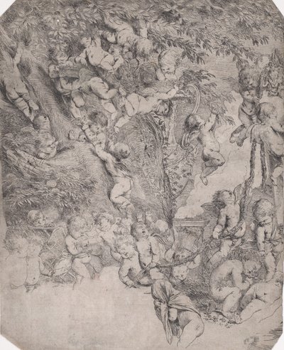 De tuin van Venus, proefdruk van de linkerbovenhoek, ca. 1631-37 door Pietro Testa