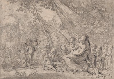 De tuin van liefdadigheid, vrouw die liefdadigheid voorstelt rechts omringd door kinderen, ca. 1631-37 door Pietro Testa