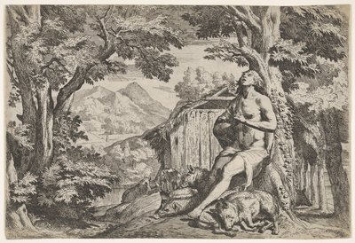 De verloren zoon zittend aan de voet van een boom tussen de zwijnen, zijn blik omhoog gericht..., ca. 1640-50 door Pietro Testa