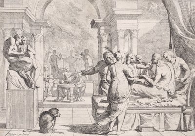 De Verloren Zoon die op een Bank Zit en Wijn Wordt Geserveerd, Feestvierders op de Achtergrond door Pietro Testa