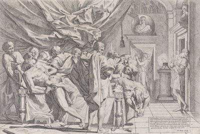 De zelfmoord van de filosoof Cato, die op zijn bed ligt en zijn ingewanden eruit trekt door Pietro Testa