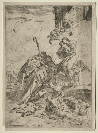 Drie Lucchese heiligen die bij de Maagd Maria bemiddelen voor de slachtoffers van de pest, ca. 1630-31 door Pietro Testa