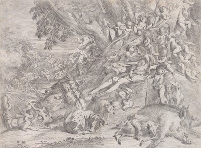Venus en Adonis, omringd door vele putti, liggend na de jacht, met een dood zwijn, 1631-37 door Pietro Testa