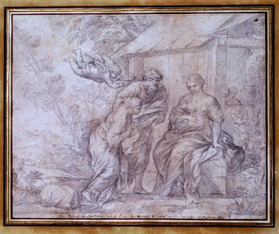 De terugkeer van Hagar, de Egyptische slavin van Sarah, de vrouw van Abraham. Tekening in zwart potlood door Pietro Berrettini bekend als Pierre de Cortona of Pietro da Cortona. 17e eeuw. Louvre Museum door Pietro da Cortona