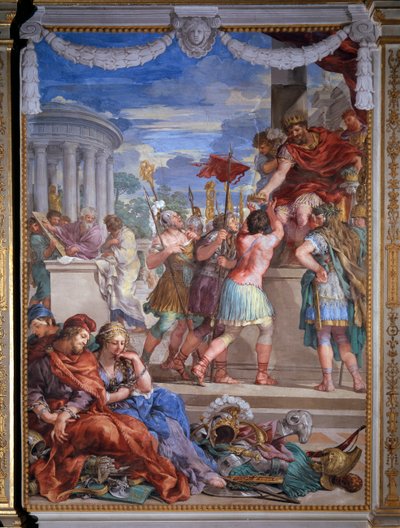 Allegorie van de vier leeftijden, de Bronzen eeuw fresco door Pietro da Cortona (Pietro Berrettini) (1596-1669) 1637 Salle du Poele (Stanza della Stufa), Palatijngalerij, Palazzo Pitti, Florence door Pietro da Cortona