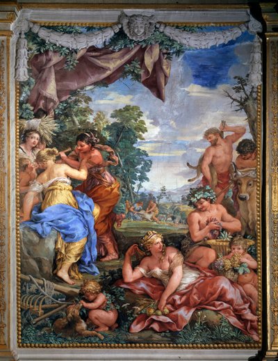 Allegorie van de vier leeftijden, de Zilveren eeuw Fresco door Pietro da Cortona (Pietro Berrettini) (1596-1669) 1637 Salle du Poele (Stanza della Stufa), Palatijngalerij, Palazzo Pitti, Florence door Pietro da Cortona