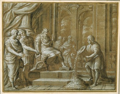Een bejaarde koning, gezeten op een troon met bedienden in een architectonische setting, en een jongeling die uit een vaas schenkt tot hun verbazing door Pietro da Cortona