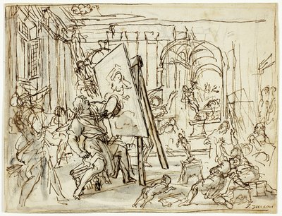 Aardbeving in de studio van een kunstenaar door Pietro da Cortona