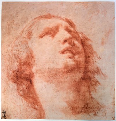 Hoofdstudie van een vrouw die omhoog kijkt door Pietro da Cortona
