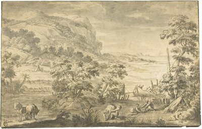 Italiaans kustlandschap met vissers, kampement (recto); riviermonding (verso) door Pietro da Cortona
