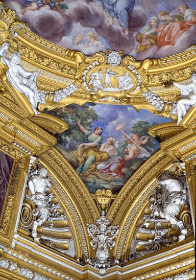 De Sala di Apollo detail van pendentief met de muzen Polyhymnia en Erato (detail) door Pietro da Cortona