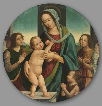 Maagd en kind met Johannes de Doper en engelen door Pietro del Donzello