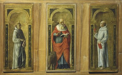 Drie panelen - Sint Franciscus, Sint Hiëronymus en Sint Antonius van Padua, c.1480 door Pietro di Francesco degli (circle of) Orioli