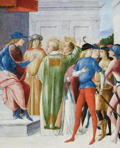 Twee heiligen belijden hun christelijk geloof in het oordeel, ca. 1485-90 door Pietro di Francesco degli Orioli