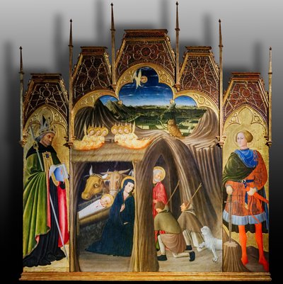 Aanbidding van de herders tussen de heiligen Galgano en Augustinus door Pietro di Giovanni da Ambrogio