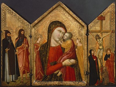Madonna en Kind, de Kruisiging en Heiligen, ca. 1340-1370 door Pietro follower of Lorenzetti