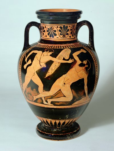 Roodfiguur halsamfoor met afbeelding van Theseus die op het punt staat Procrustes te doden, 480-470 v.Chr. door Pig Painter