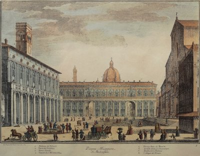 Italië, Bologna, Piazza Maggiore of Piazza Grande, door Pio Panfili, gravure door Pio Panfili