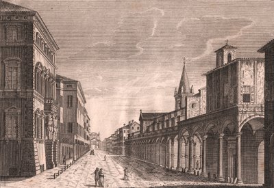 Uitzicht op de Strada Maggiore in Bologna, Emilia-Romagna, Italië, kopergravure door C Lambertini naar tekening van Pio Panfili, circa 13.5x19 cm door Pio Panfili