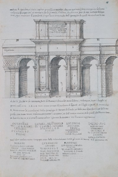 Boog van Claudius in Rome, tekening, uit Romeinse Oudheden, door Pirro Ligorio (1513-1583) door Pirro Ligorio