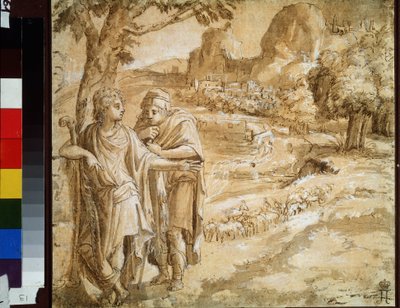Herder en pelgrim in een landschap door Pirro Ligorio
