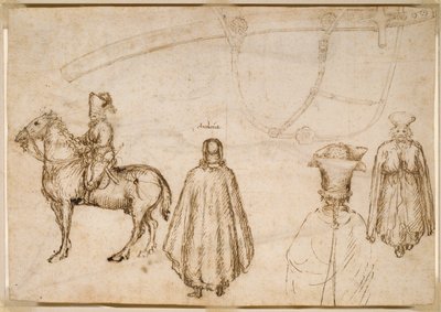 Schetsen van keizer Johannes VIII Paleologus, een monnik en een schede door Pisanello