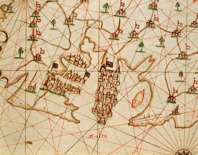 Eiland Malta, uit portolaanatlas bestaande uit zes kaarten, door Placido Caloiro en Francesco Oliva, perkament. 1646. door Placido Caloiro e Oliva