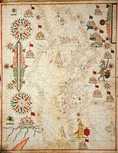 Middellandse Zee, uit portolaanatlas van zes kaarten, door Placido Caloiro en Francesco Oliva, Perkament. 1646. door Placido Caloiro e Oliva