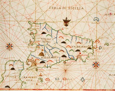 Sicilië uit portolaanatlas bestaande uit zes kaarten, door Placido Caloiro en Francesco Oliva, perkament. 1646. door Placido Caloiro e Oliva
