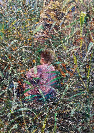 Kind in weide, detail van Aprilmorgen in Ligurië of Olijven bij Albaro door Plinio Nomellini