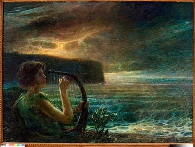Volle maan, Hulde aan een vrouwelijke godheid, spelend op een lier in een zeegezicht met stormachtige lucht (olie op doek) door Plinio Nomellini