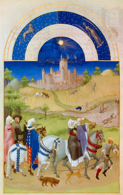 Augustus: Heren wandelen door de velden terwijl de boeren voor de oogst zorgen en baden door Pol de Limbourg