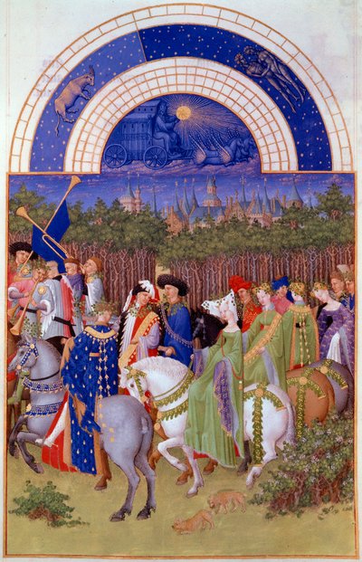 Stoet van edelen en muzikanten te paard, uitzicht op het hertogelijk paleis van Riom (?) en de maand mei door Pol de Limbourg