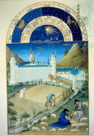 Juli: Het kasteel van Poitiers, oogst- en scheerscène door Pol de Limbourg