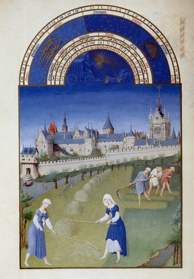 Juni: hooien. Op de achtergrond het paleis van de Vlaamse Miniatuur Heilige Kapel van Pol De Limburg (15e eeuw) uit het manuscript 