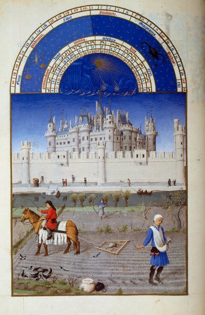 Oktober: zaaien. Op de achtergrond het Vlaamse Louvre Miniatuur van Pol van Limburg uit 