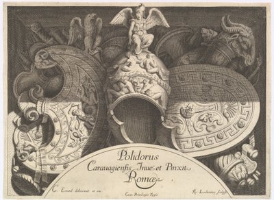 Divers Trophées Wapentrofeeën na de Façade van Palazzo Milesi in Rome, 1651 door Polidoro da Caravaggio